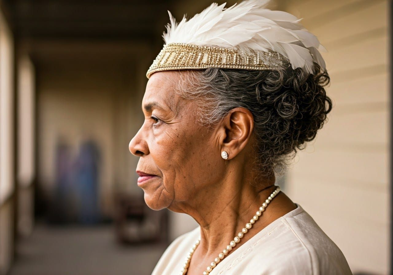 Elegant Elderly Woman with Feathered Hat, Double Exposure