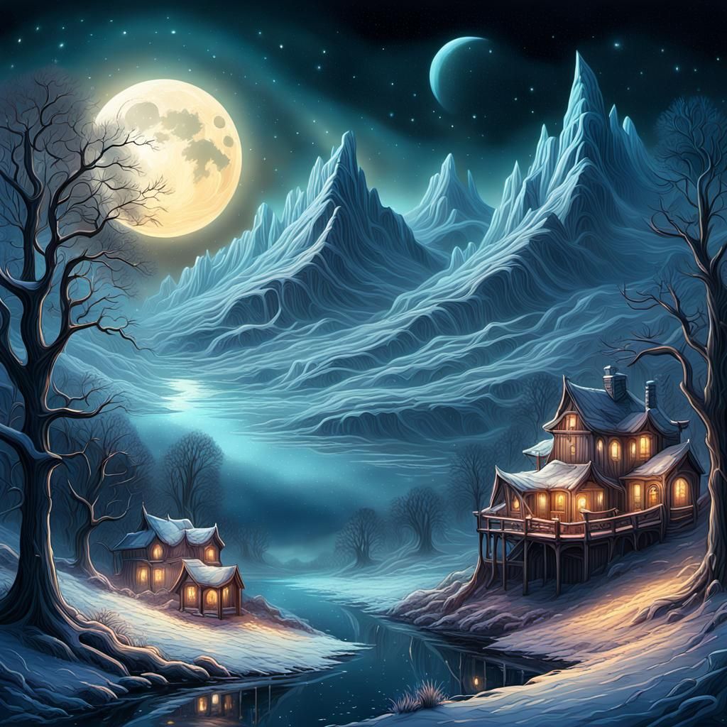 Dream Unfolds Under Winter Sky: Digital Art Nouveau