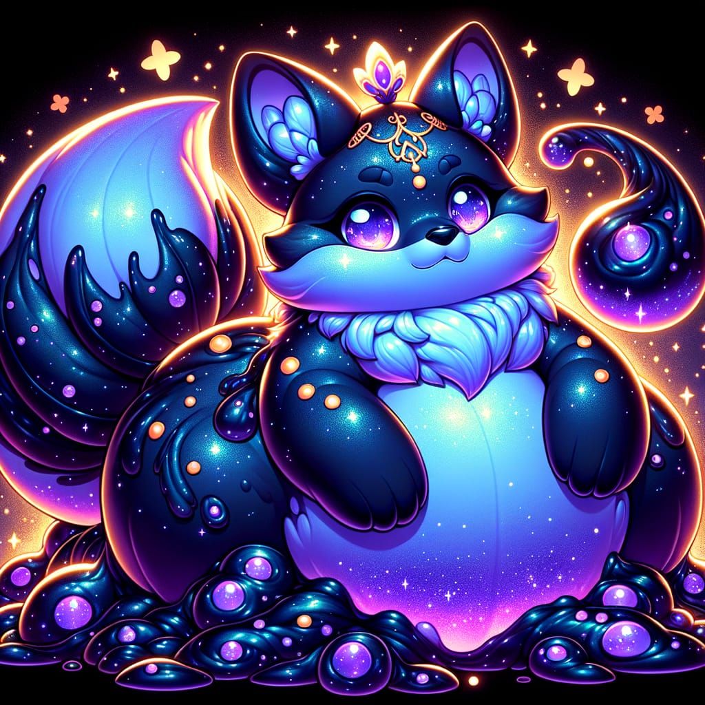 Cosmic Slime Fox with Golden Tiara in Cozy Cave