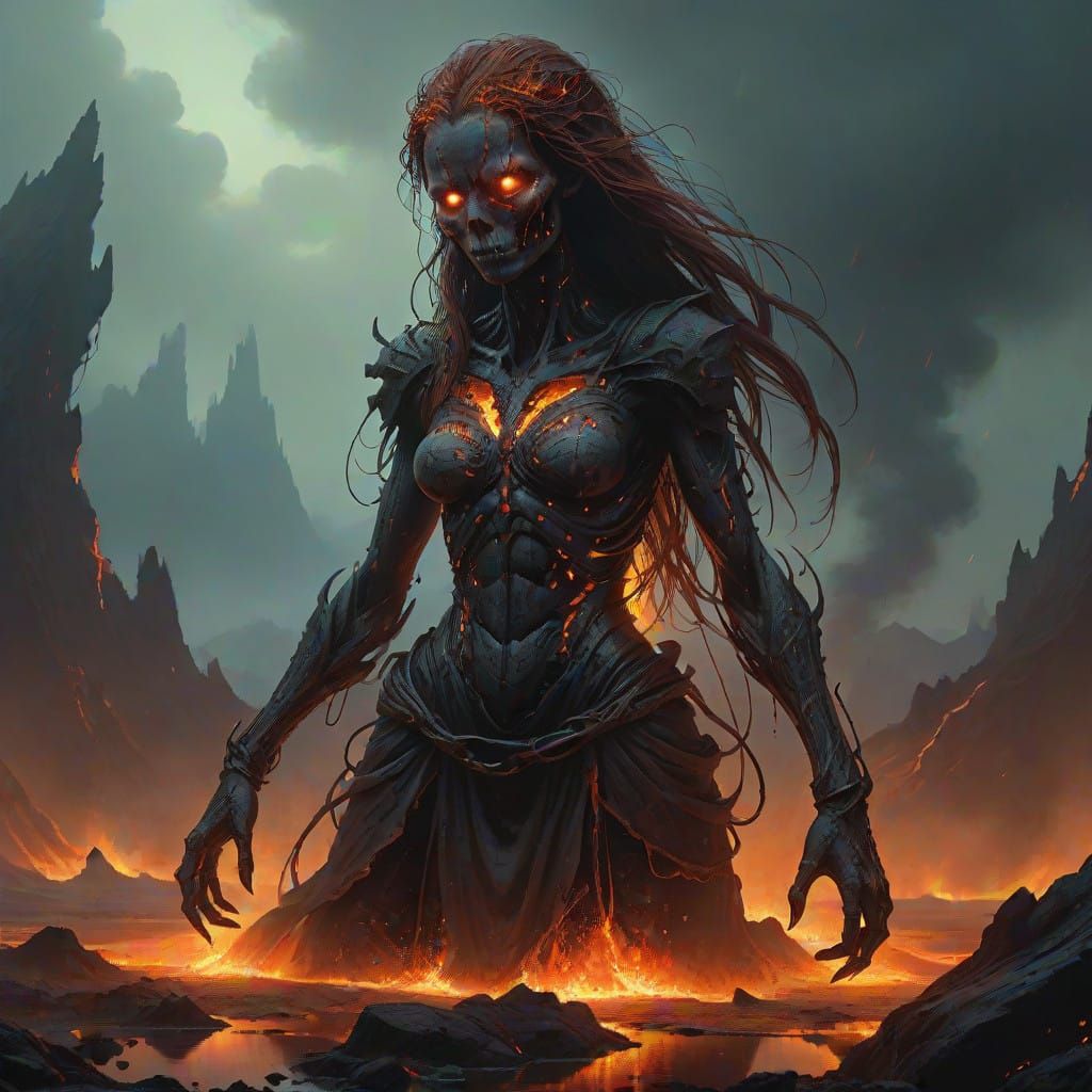 Cyberpunk Goddess of Lava, Born from Inferno, with Fiery Hai...