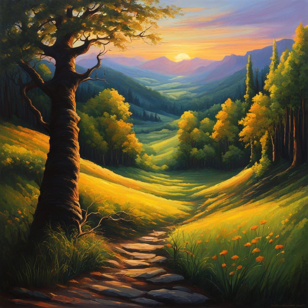 Colorful Medieval Forest Sunrise in Chiaroscuro Style