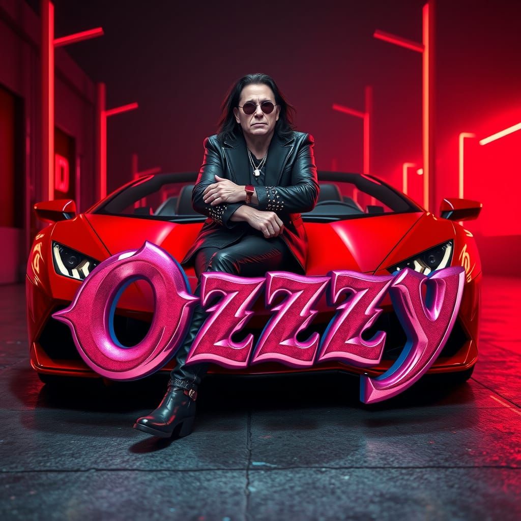 Ozzy Osbourne Leans on Red Lamborghini in Cyberpunk Style