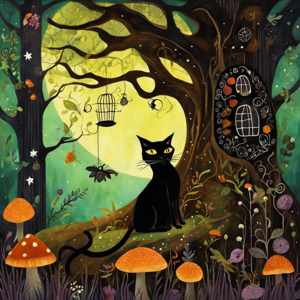Magical Forest Scene with Witch, Cat, and Tree