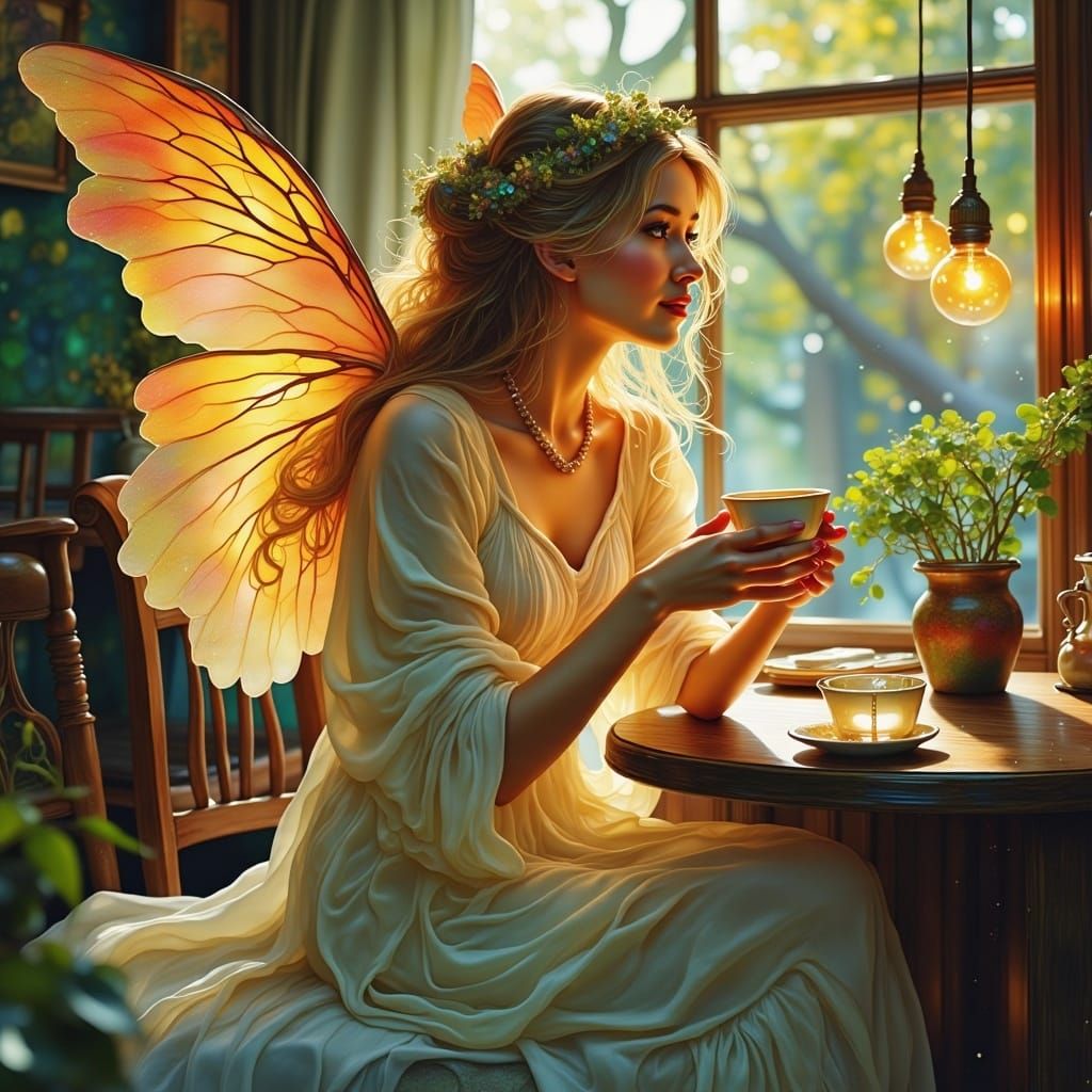 Angel Enjoying Coffee in Dreamy Digital Art Style