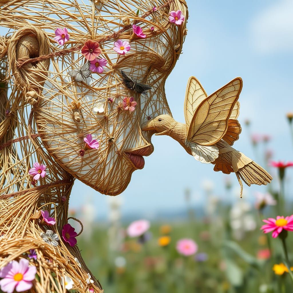 Woman of Strings Kissing Butterfly Bird in Garden