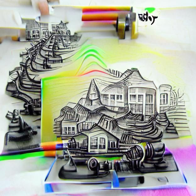 Colorful 3D Ink Drawing of Suburban Neighborhood