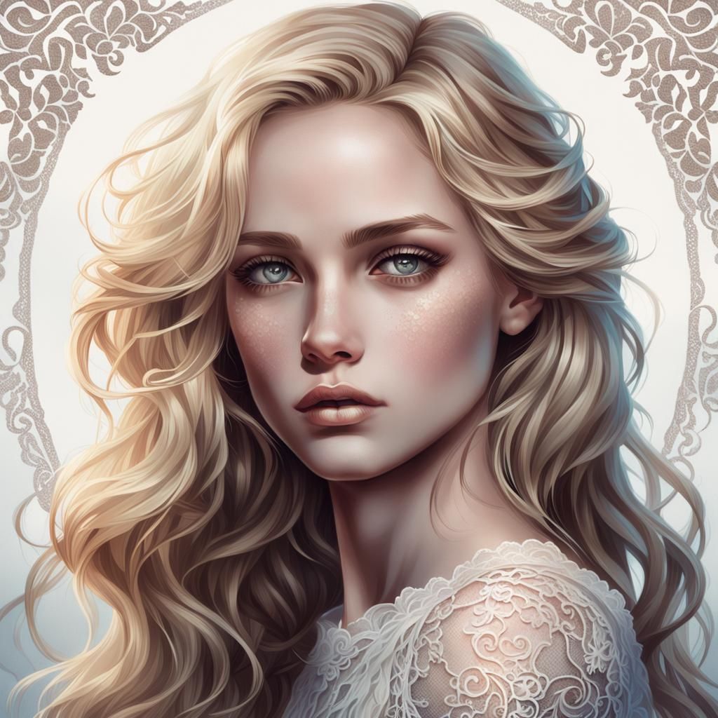 Delicate Woman Portrait with Dark Eyes and Wavy Blonde Hair