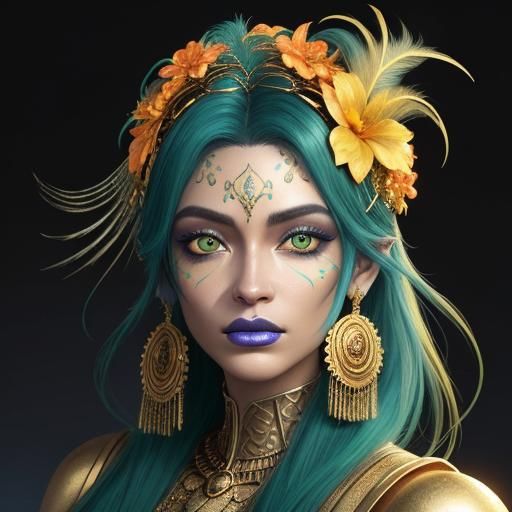 Golden Woman with Peacock Feathers, Pixar-Style 3D Art