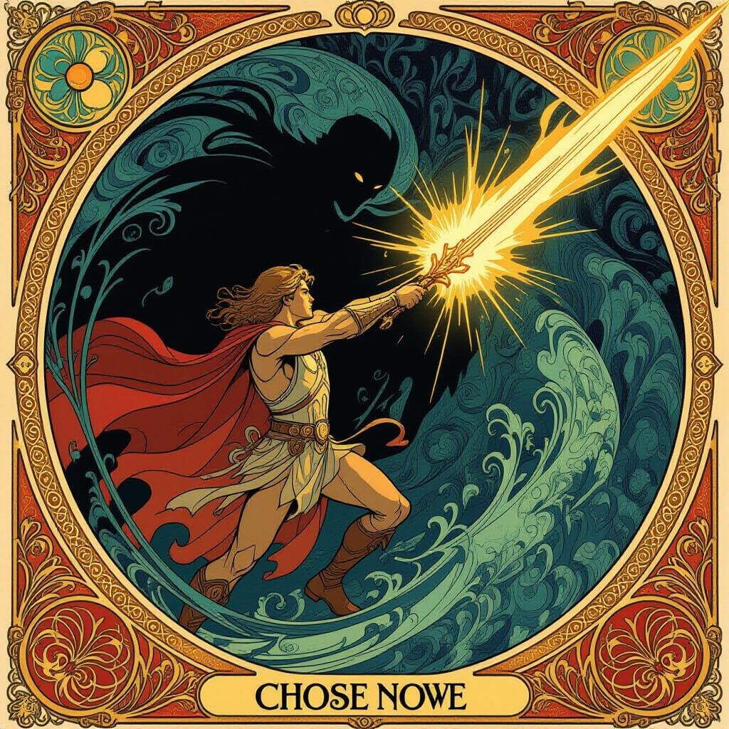 Art Nouveau Hero Battles Shadow in Golden Light