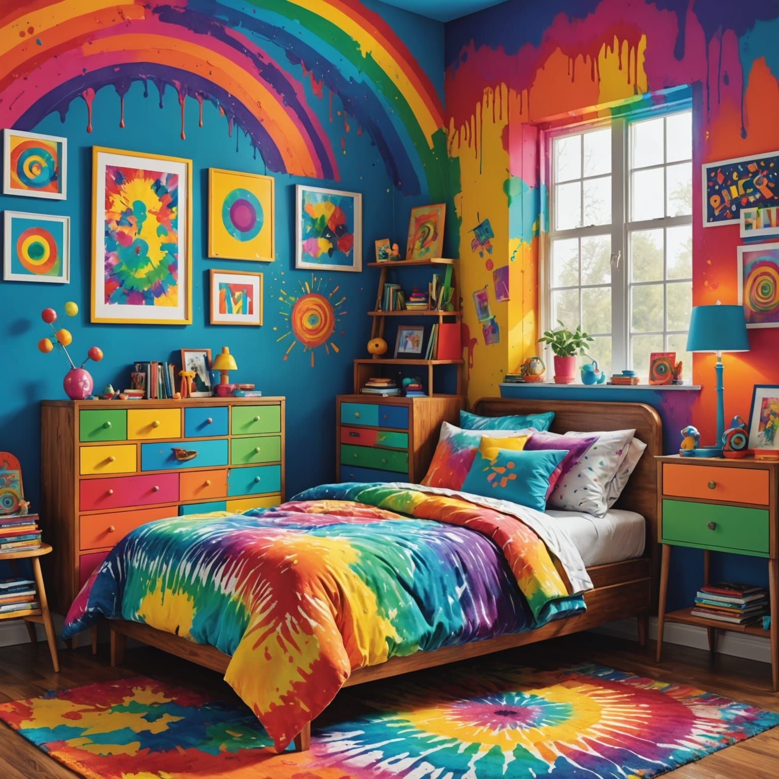 Rainbow Tie-Dye Kid's Bedroom in Art Deco Style