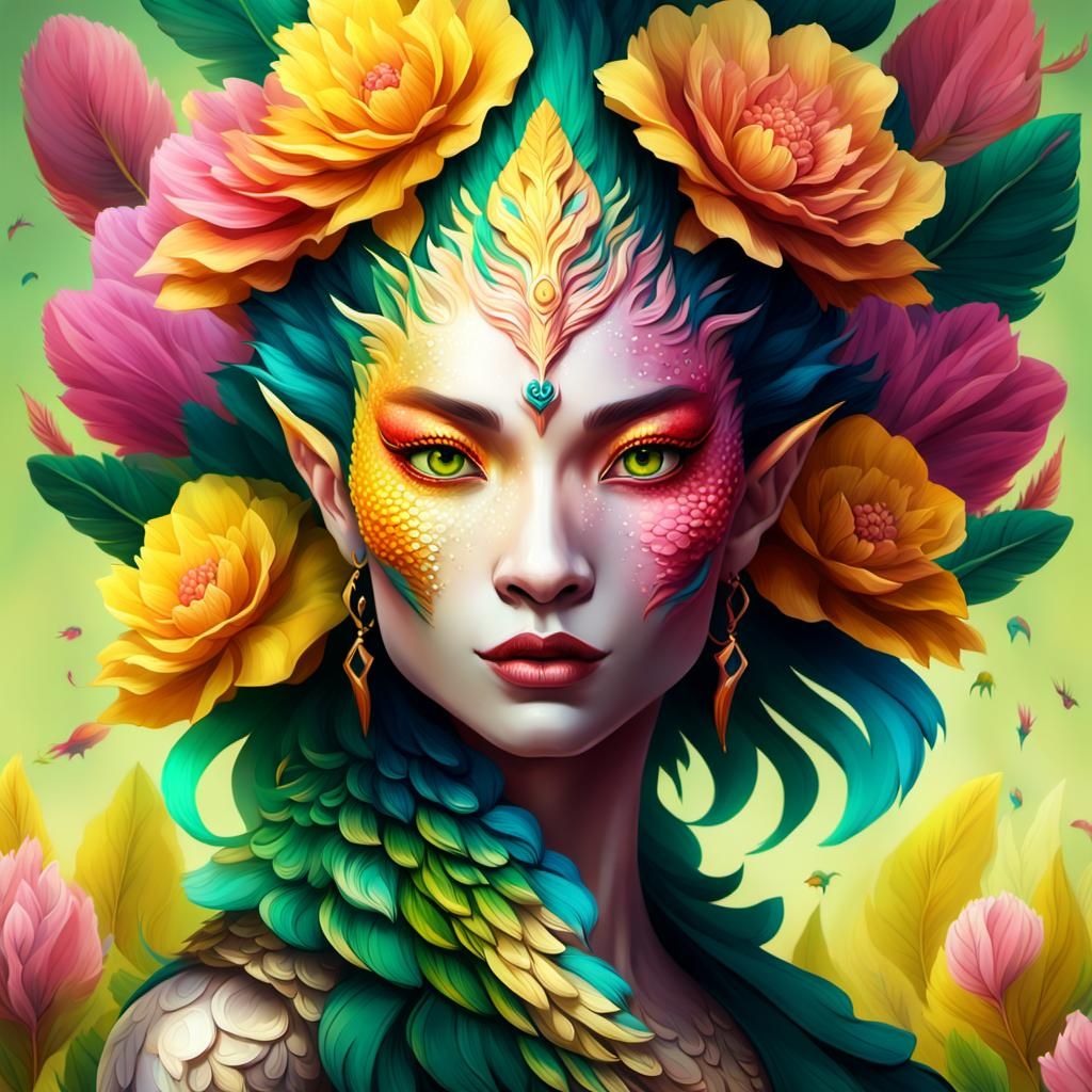Dragon Peacock Woman Portrait in Digital Painting Style