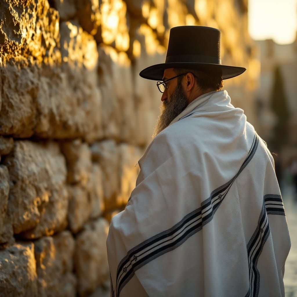 Elegant Rabbi at the Western Wall in Golden Light