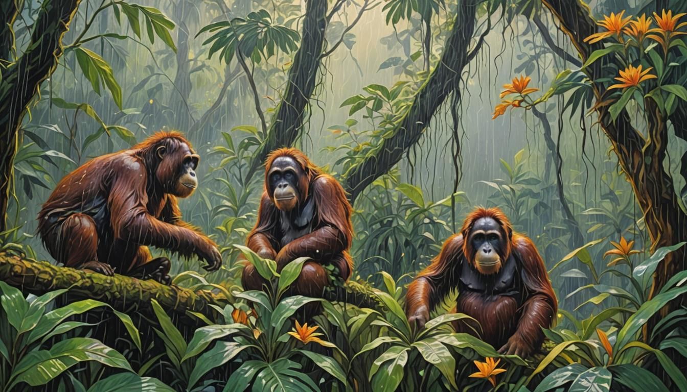 Orangutans in Rainforest: a Gouache Painting