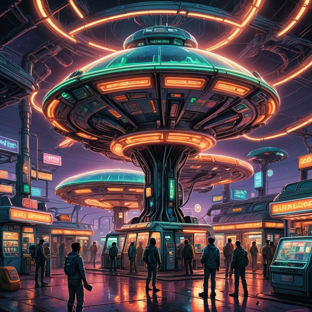 Sci-Fi Alien Gas Station for UFOs in Comic Style