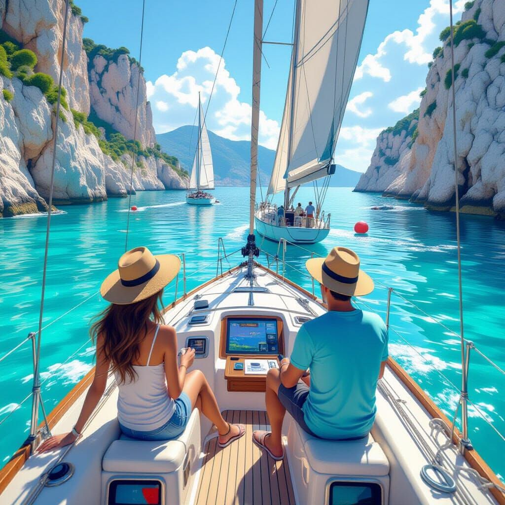 Sailboats on Italian Coast in 3D Anime Style