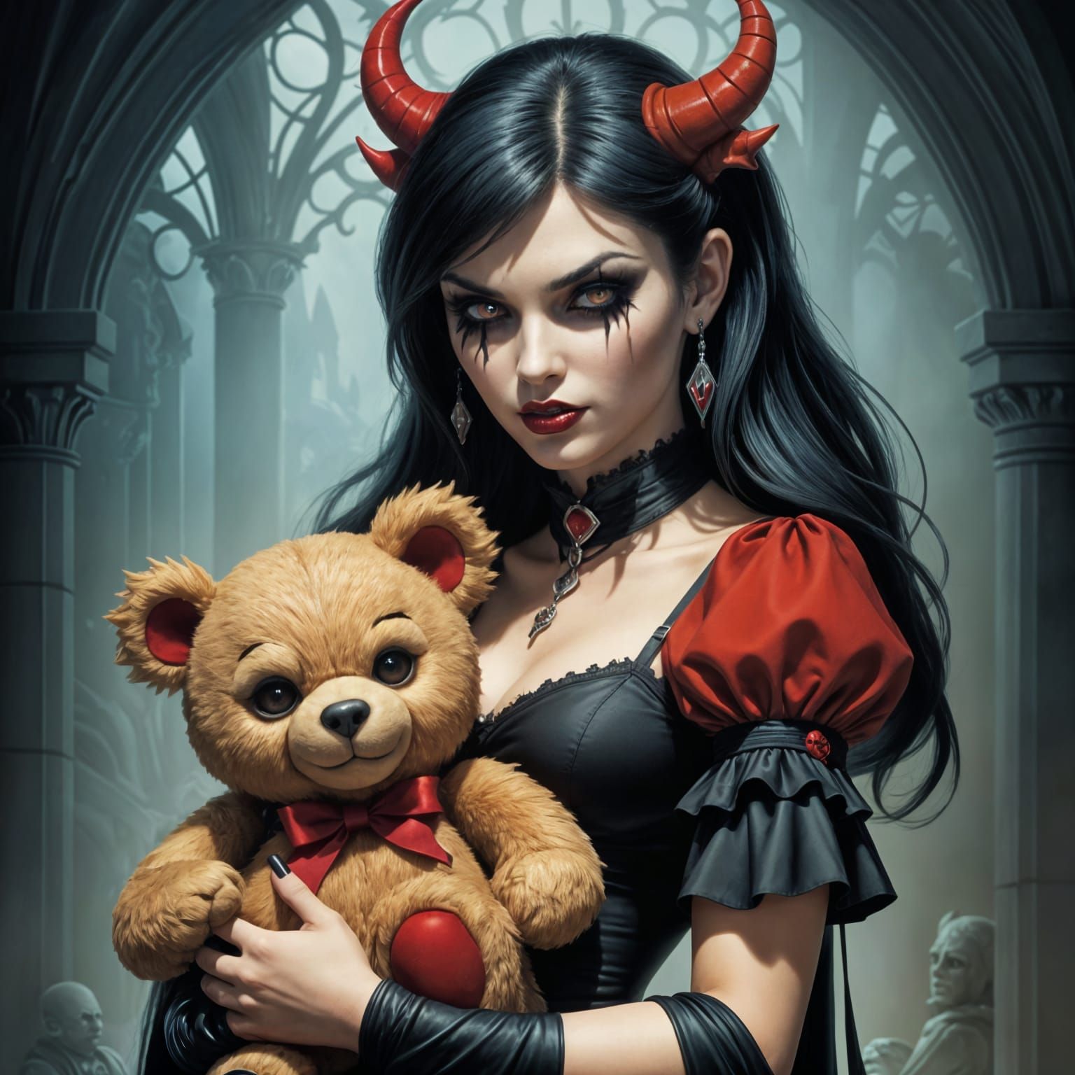 Demoness Holds Demon Teddy Bear, Dark Fantasy Art