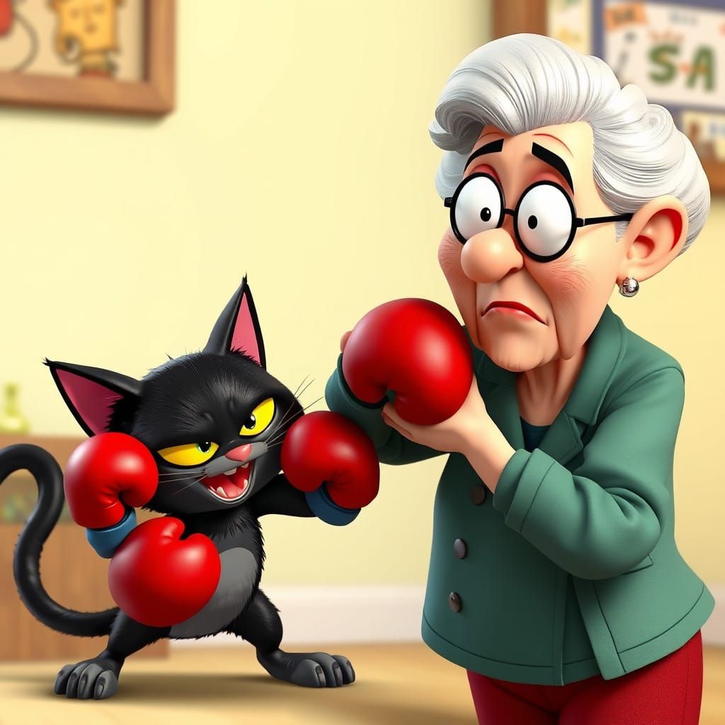 Vibrant 3D Cartoon of a Playful Black Cat Punching a Surpris...