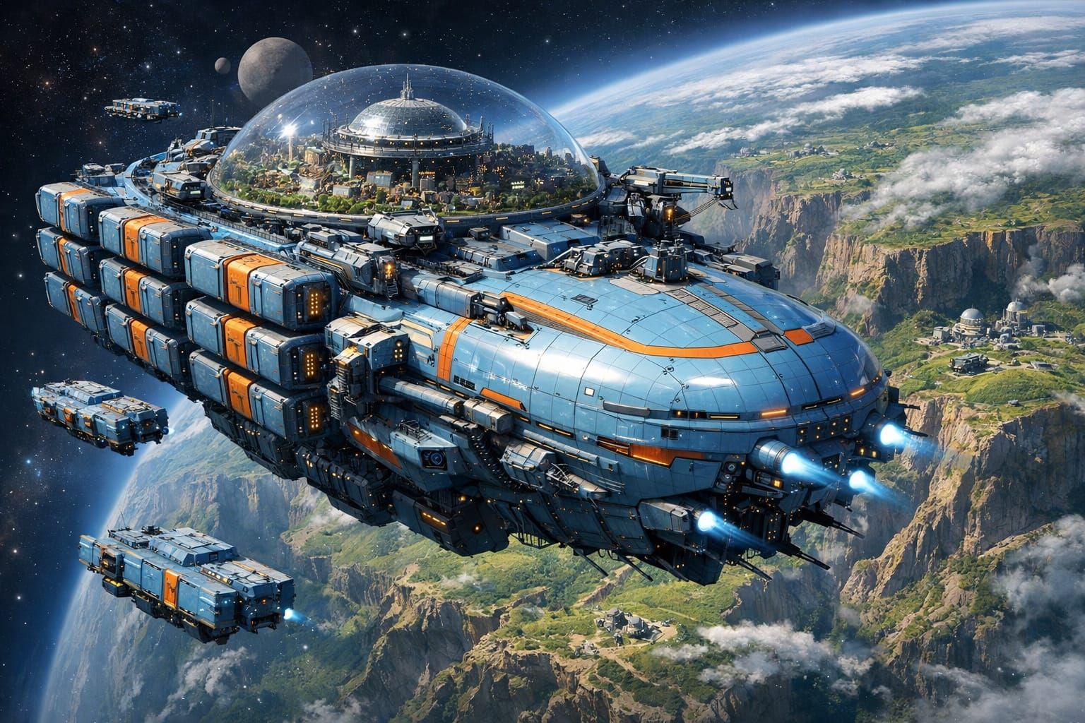 Gigantic Space Freighter City Approaches Verdant Planet