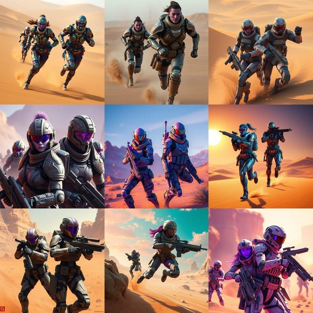 Violet Skinned Warriors in Action: Futuristic Desert Armor