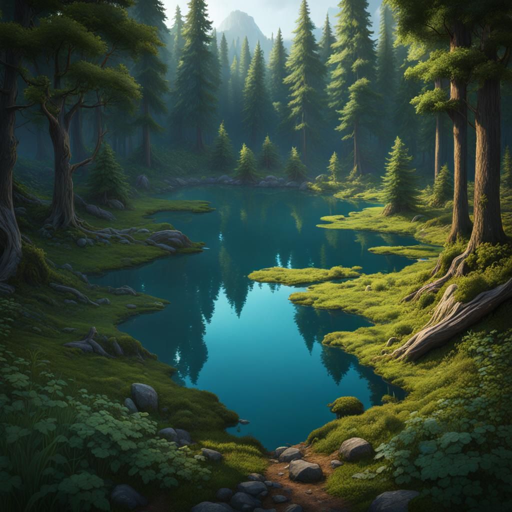 Forest Lake: Detailed Matte Painting in 8K