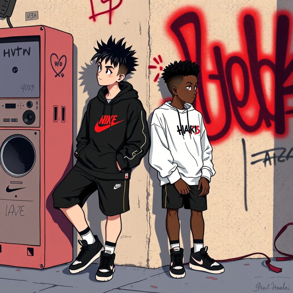 Teenage Boys in Boombap Style Pose with Graffiti Wall