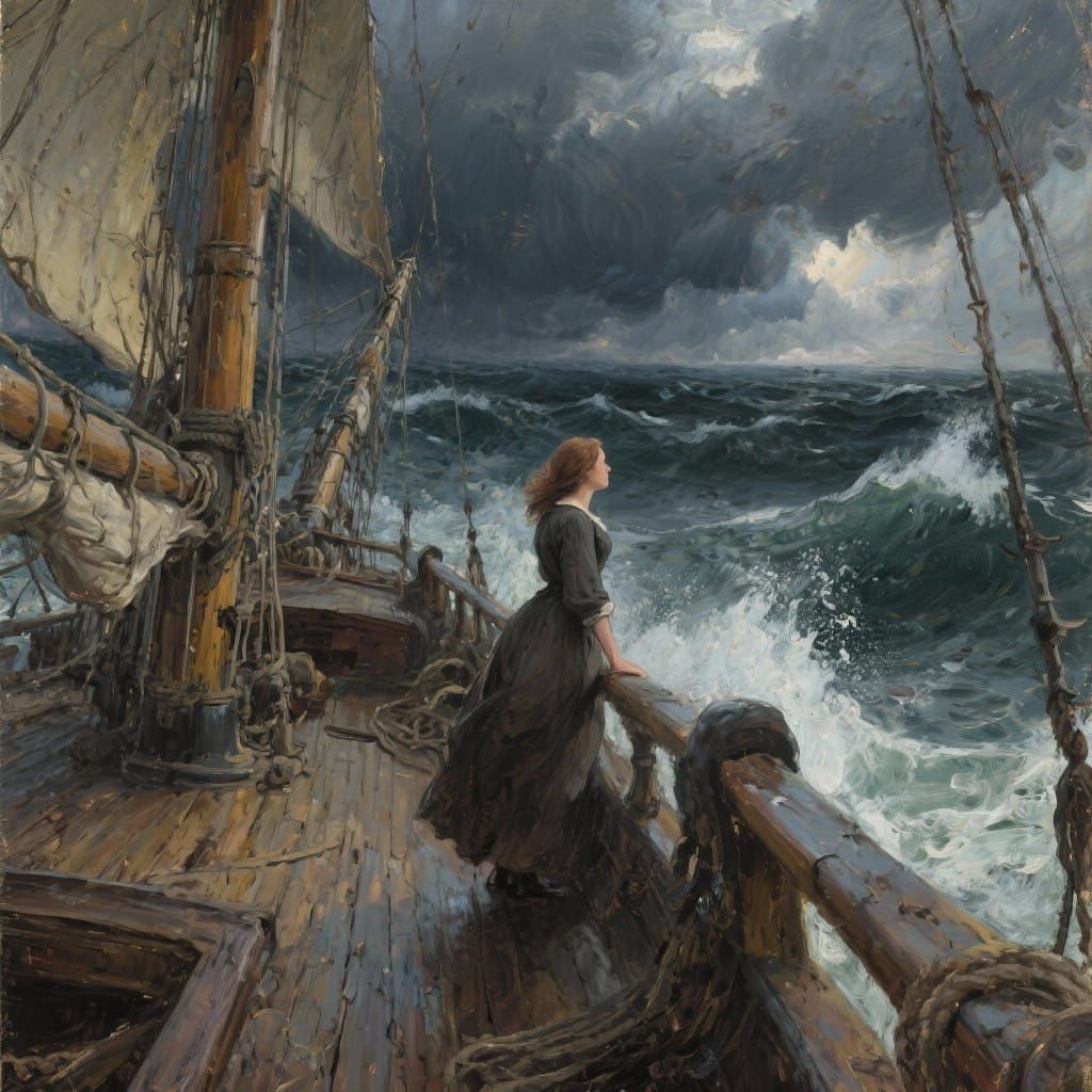 Woman on Ship Gazing at Stormy Ocean Oil Painting