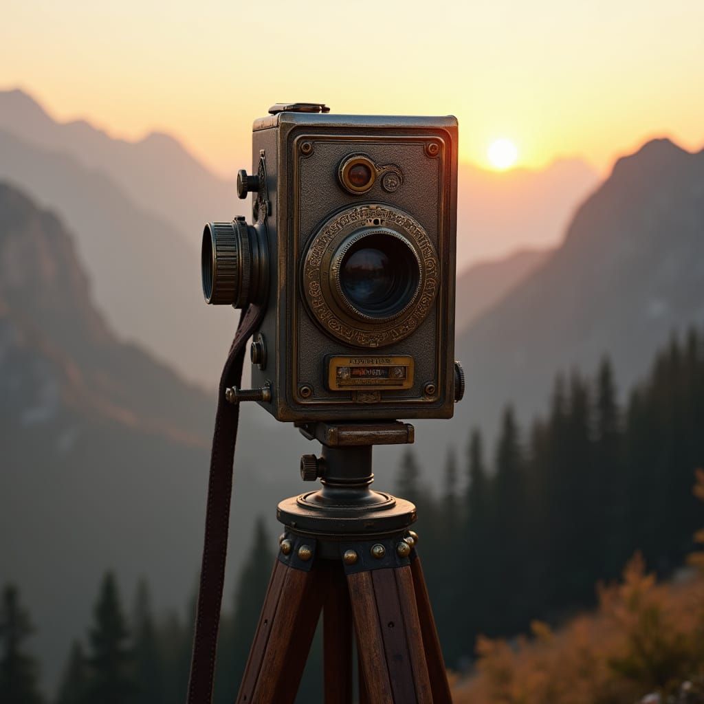 Vintage Film Camera on Rustic Mountain Landscape