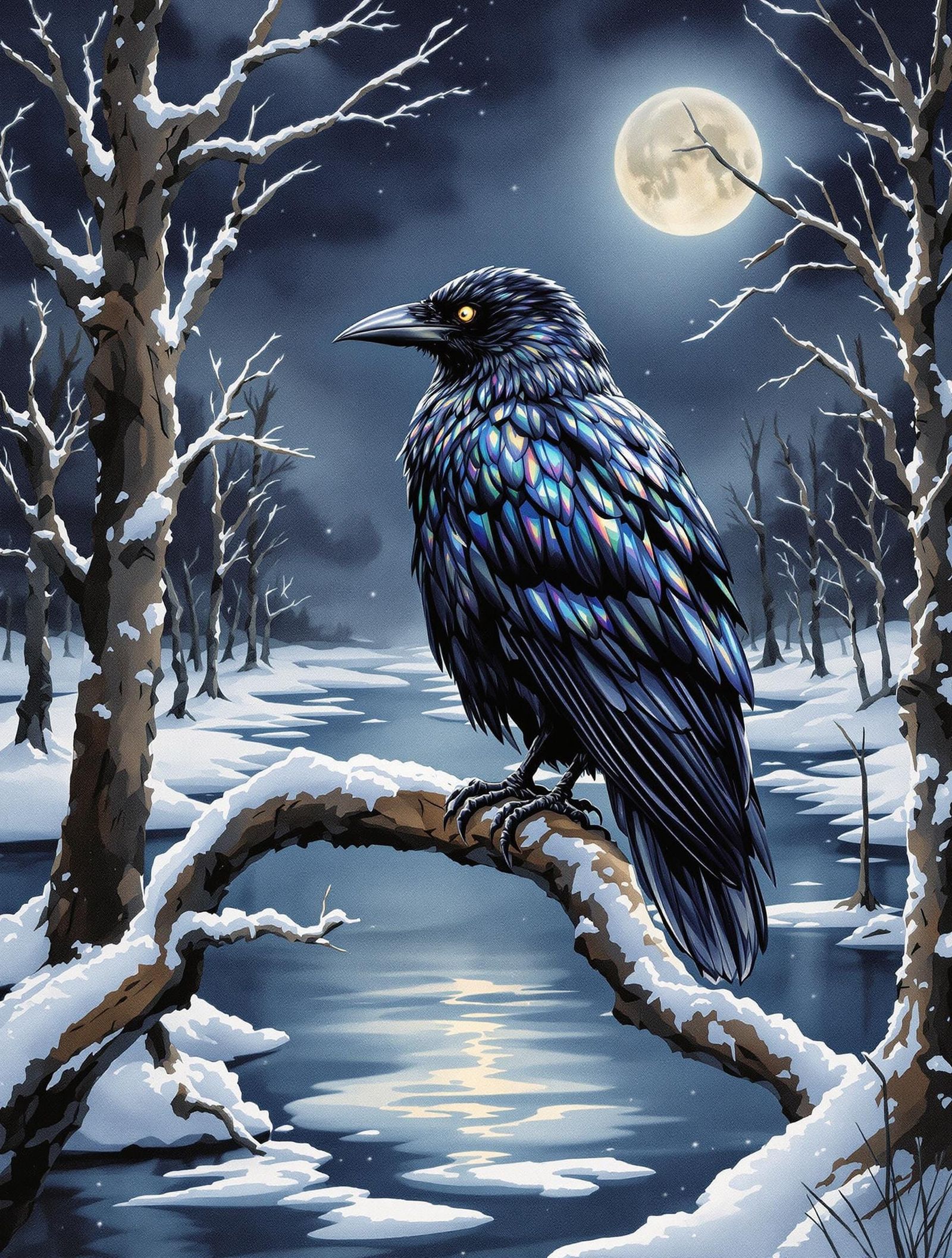 Raven in Winter Swamp: Watercolour Painting