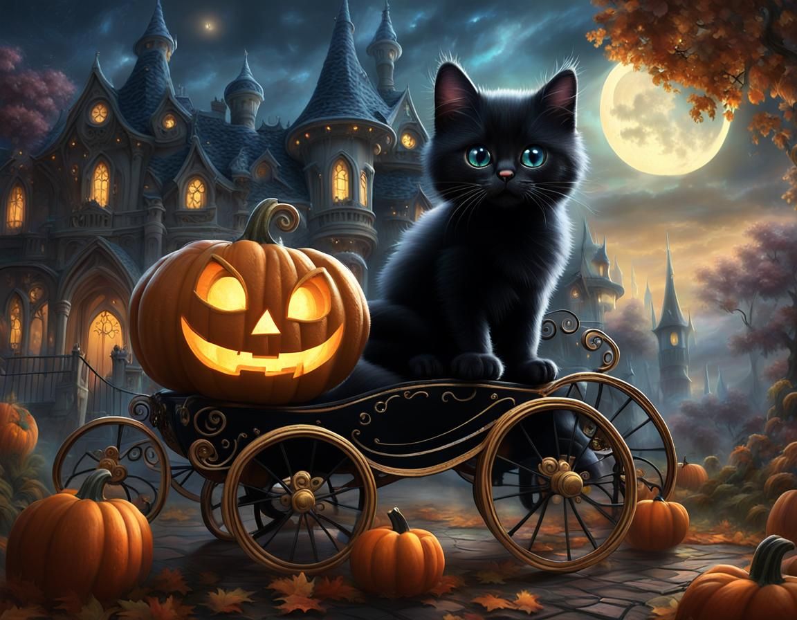 Kitten Drives Pumpkin Carriage to Haunted House