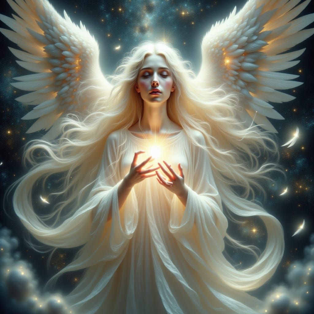 Celestial Woman Floating in Cosmic Starfield