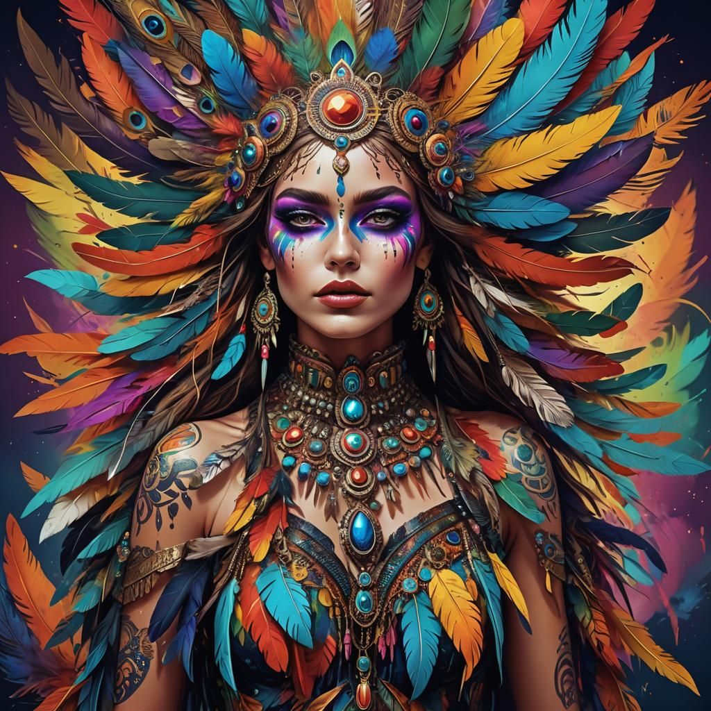 Psychedelic Woman with Colorful Makeup and Feathers