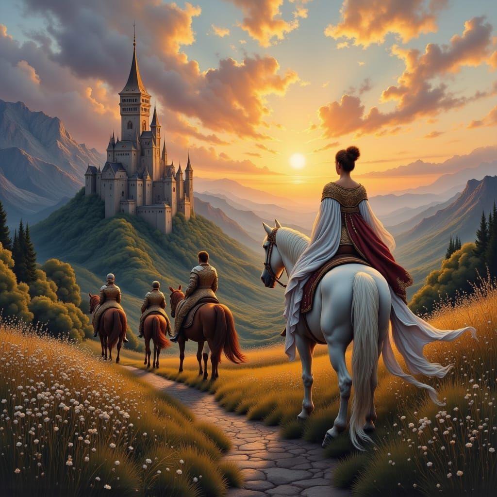 Princess Escorted by Knights to Fantasy Castle at Sunset