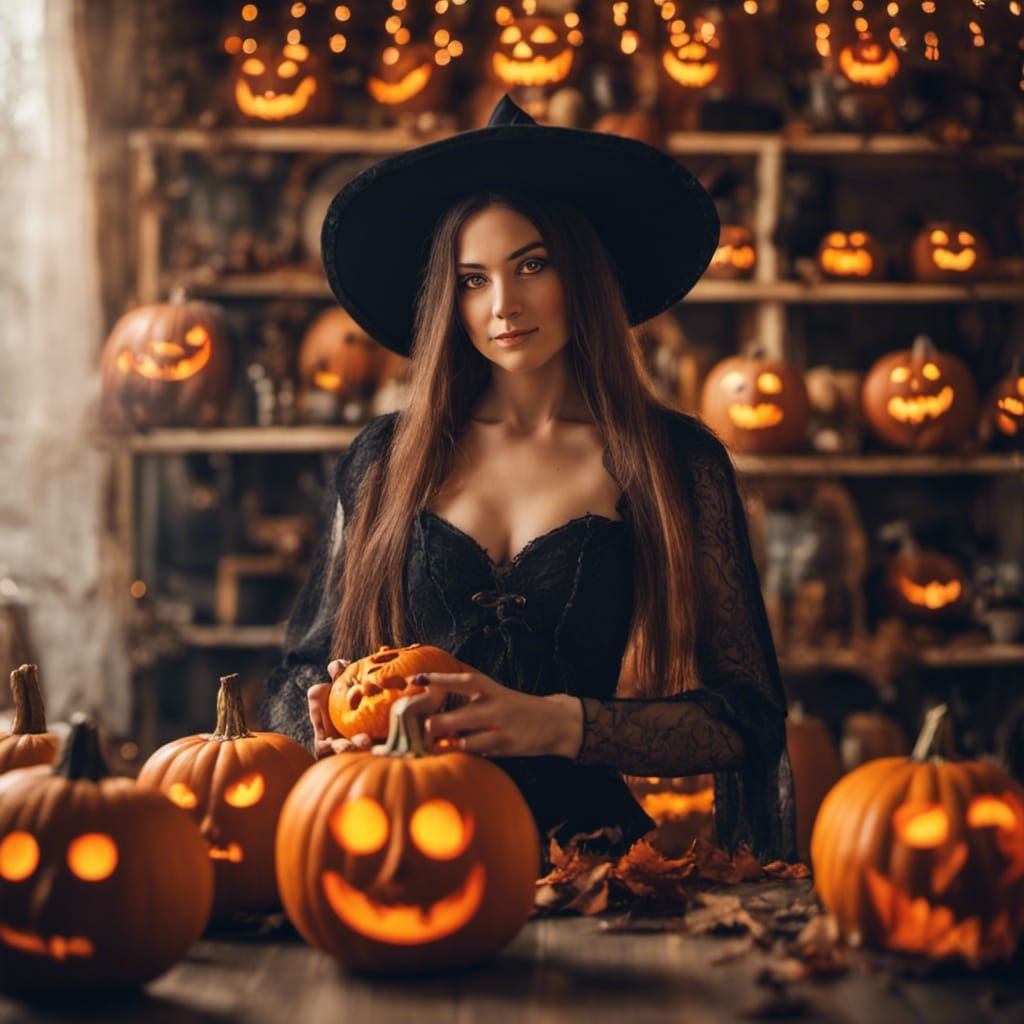 Beautiful Witch with Flaming Pumpkins in Craft Shop