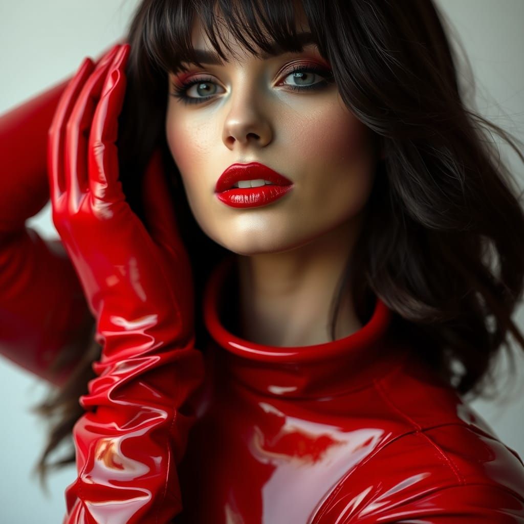 Beautiful Woman in Red Latex PVC