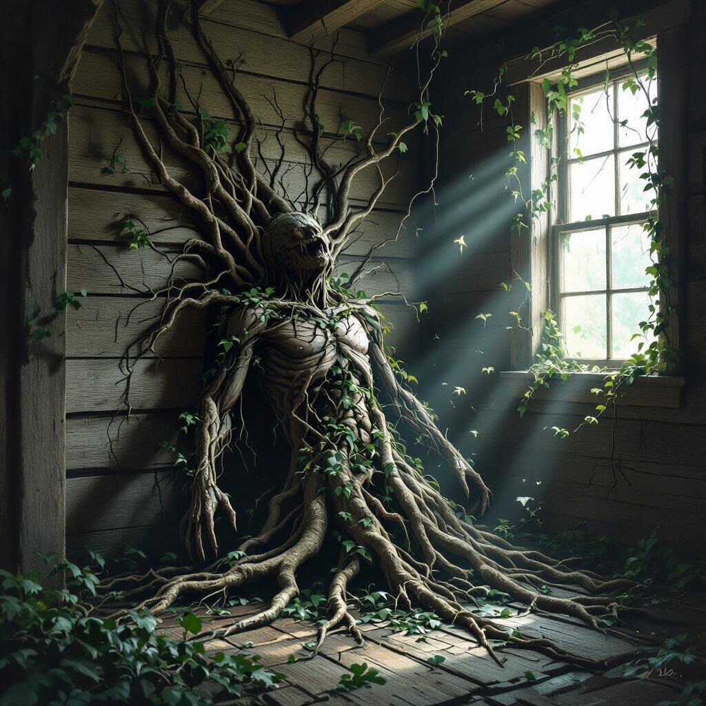 Horror Scene: Human Overtaken by Gnarled Roots in Rustic Hou...