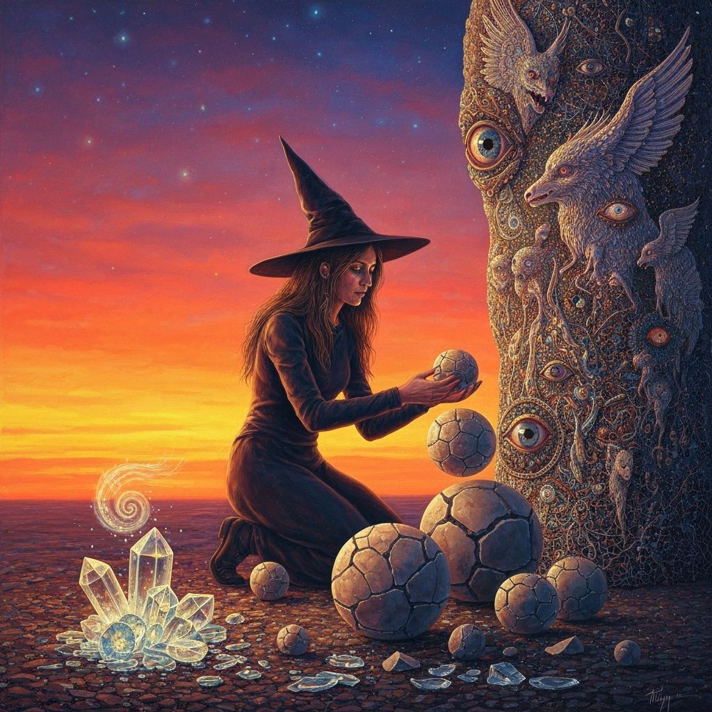 Witch Assembling Stone Fragments at Sunset
