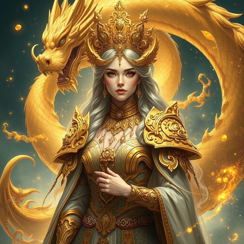 Golden Queen with Dragon in Digital Art Style