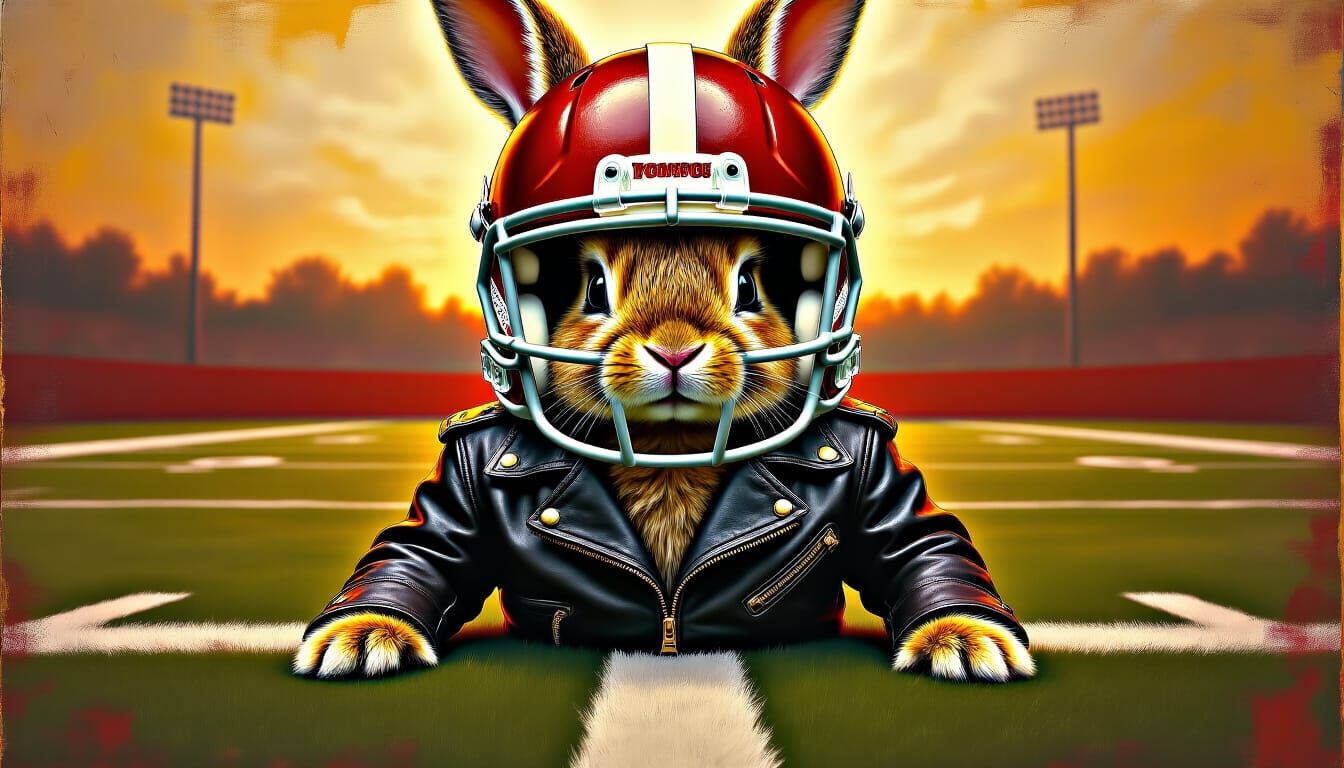 Bunny in Helmet, Leather Jacket, Football Field - Surreal Co...