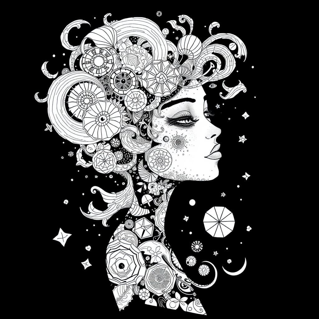 Dreamlike Doodle Art Portrait on Black Background