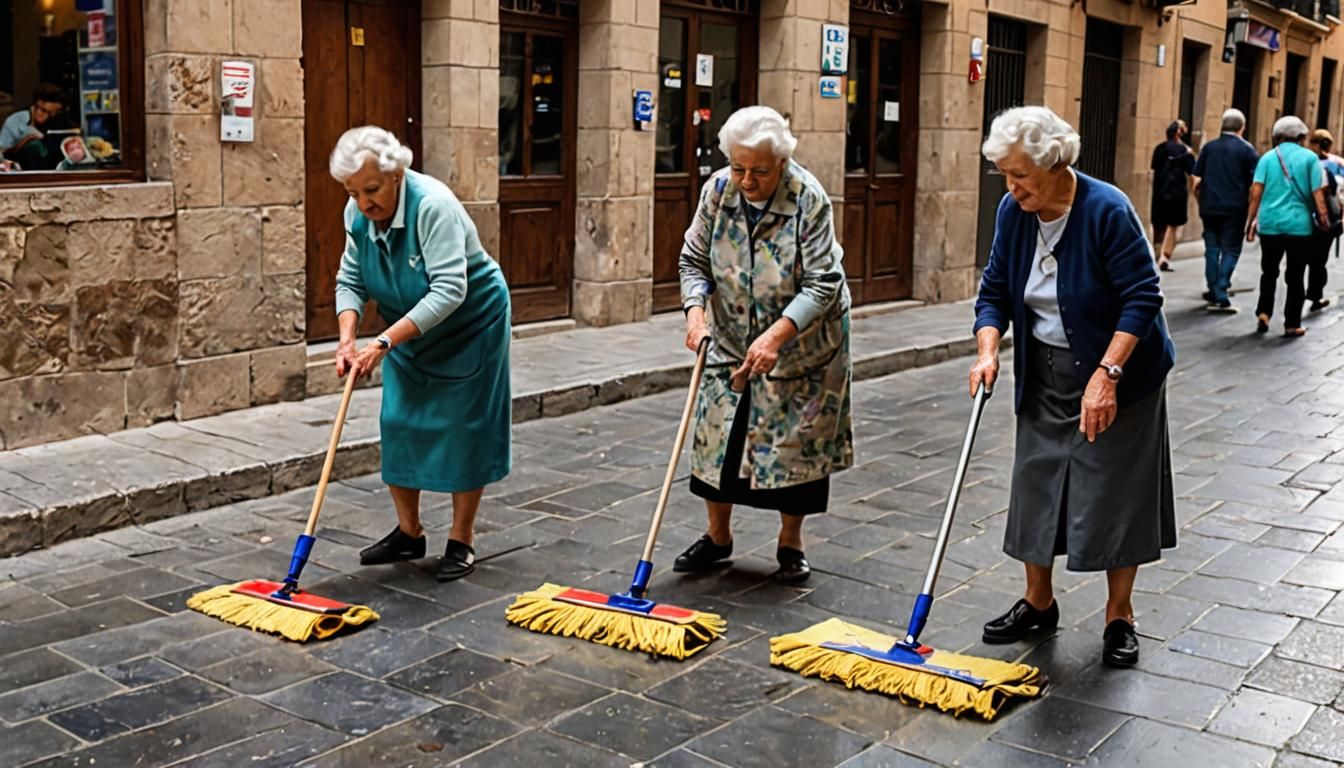 Old Ladies Mopping Streets After Bull Run in Spain