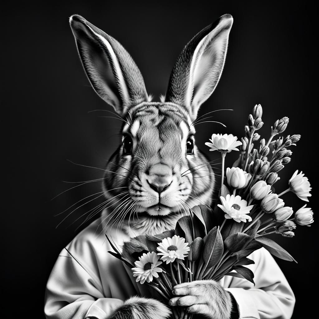Monochrome Rabbit Portrait with Floral Bouquet