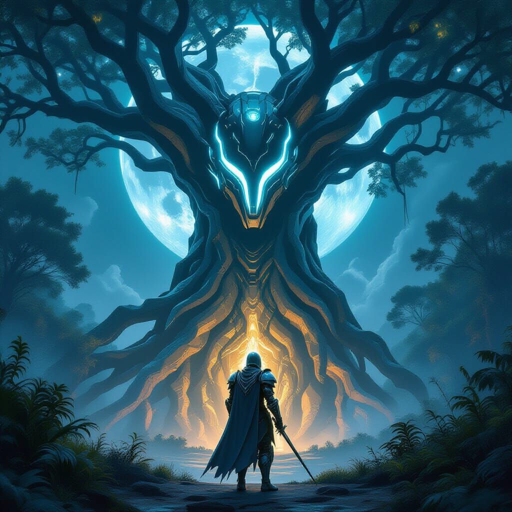 Knight in Futuristic Armor Before Robotic Tree