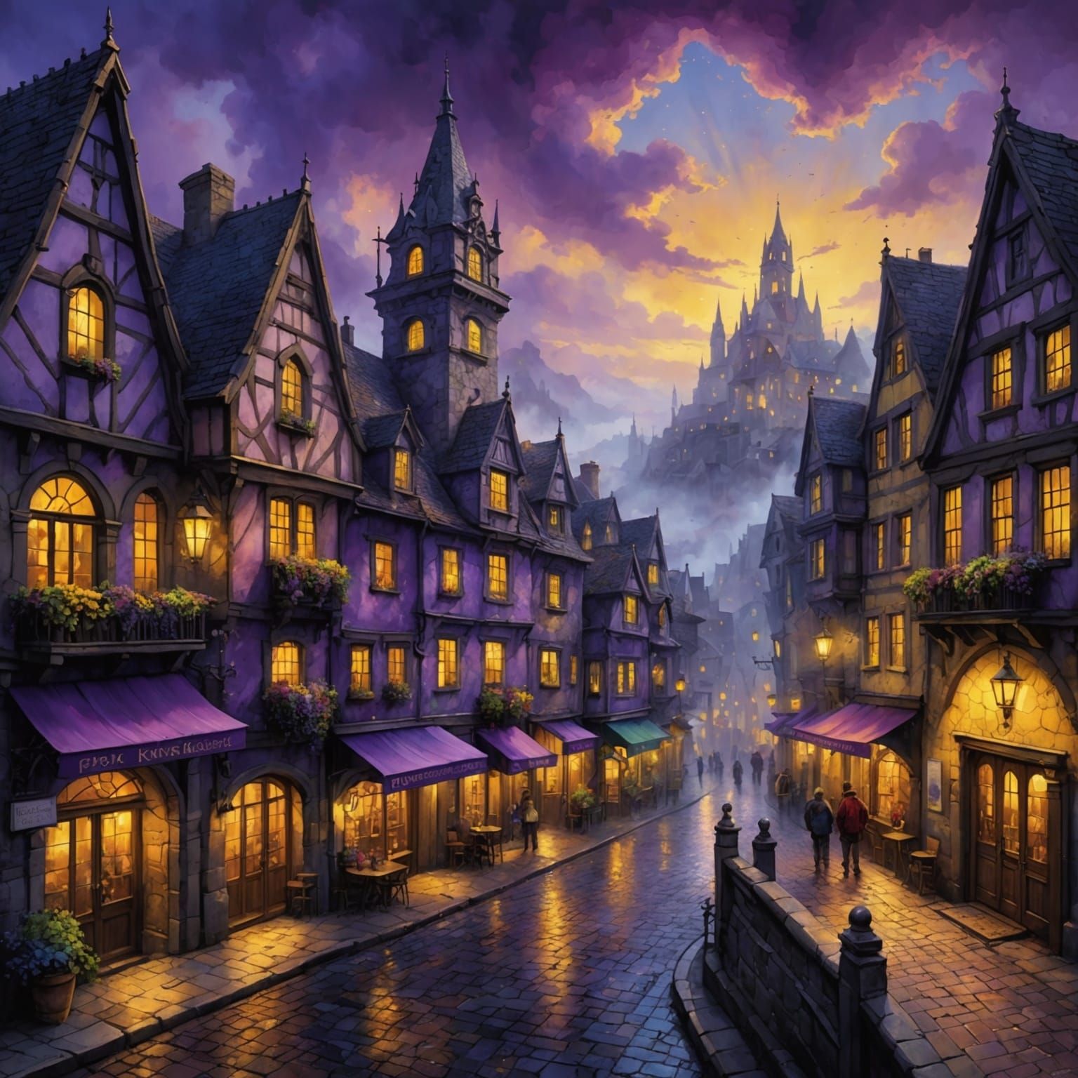 Detailed Dark Fantasy Cityscape in Alcohol Ink Style