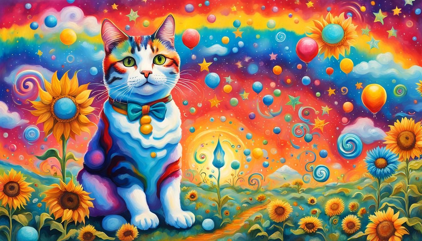 Whimsical Surrealist Candyland Scene in Vibrant Tie Dye Colo...