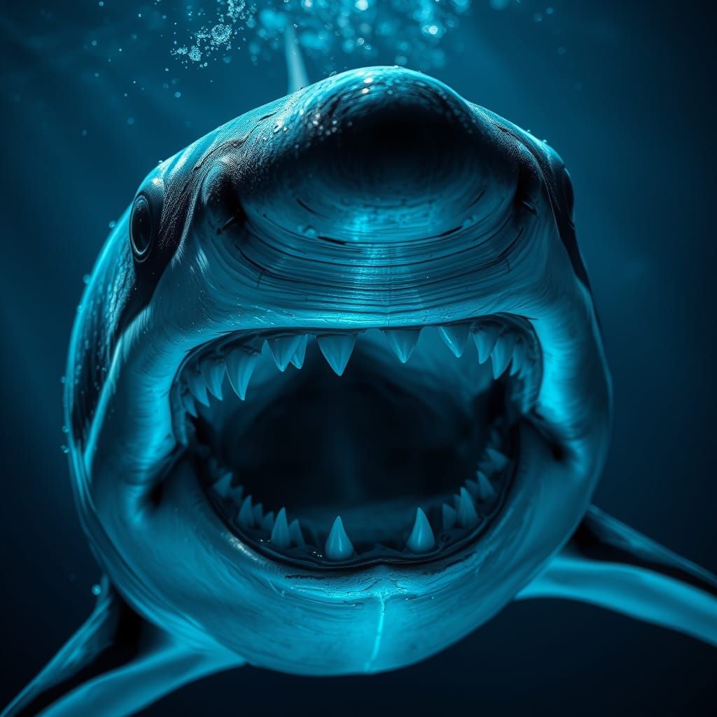 Great White Shark Jaws Open in Bioluminescent Light