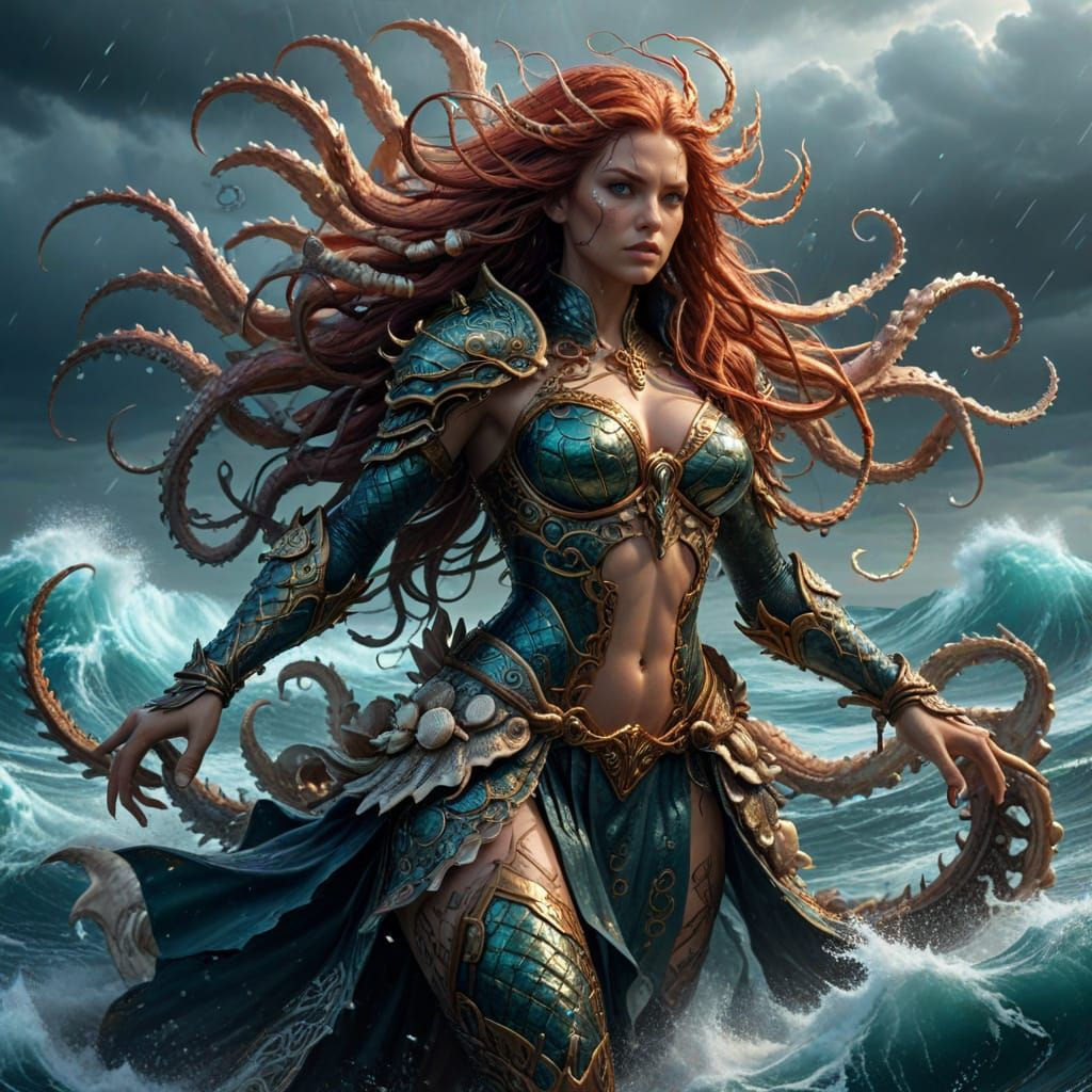 Mighty Sea Queen Commands Kraken: 2D Inked Art