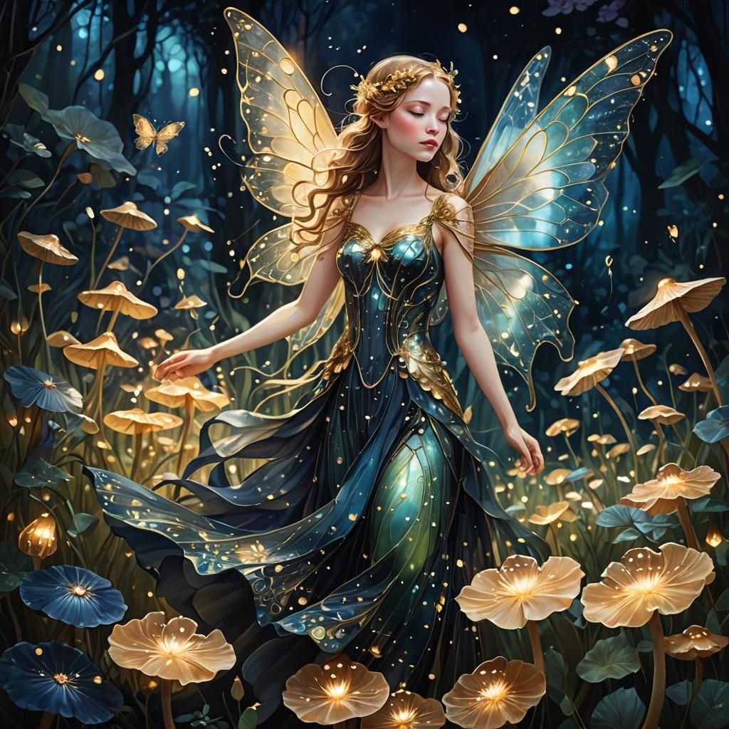 Fairy in Midnight Garden: Art Deco Magical Portrait