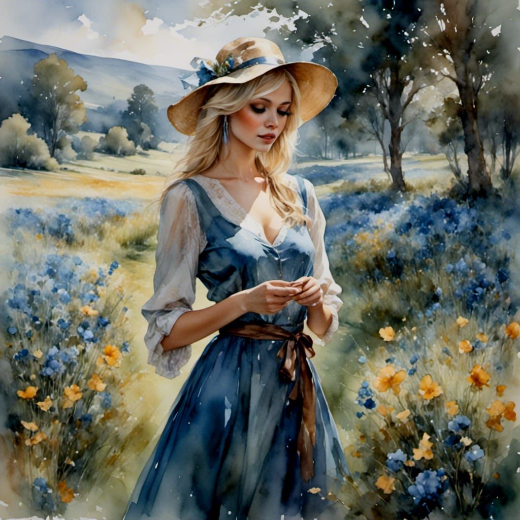 Blonde Woman Eating Blueberries Illustration with Alcohol In...