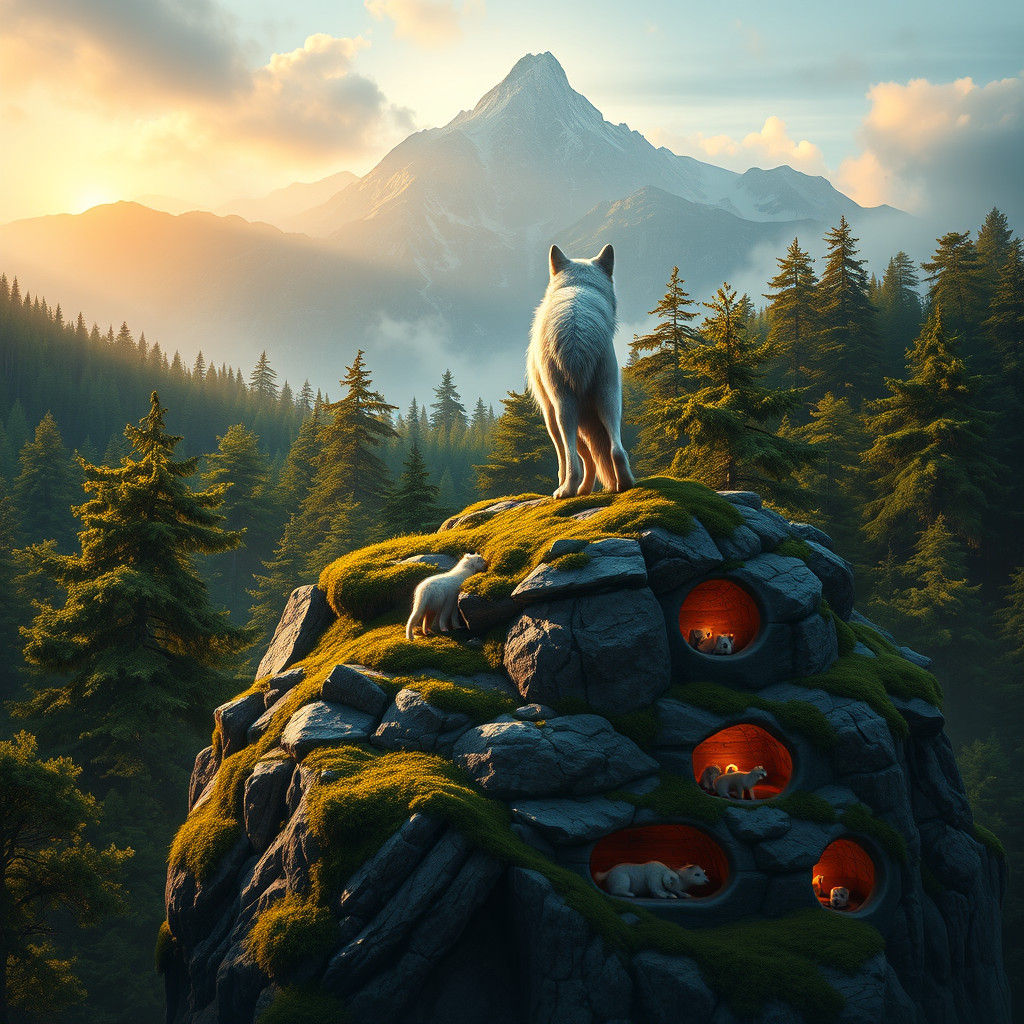 Regal Wolf Overlooking Clan in Dreamlike Landscape