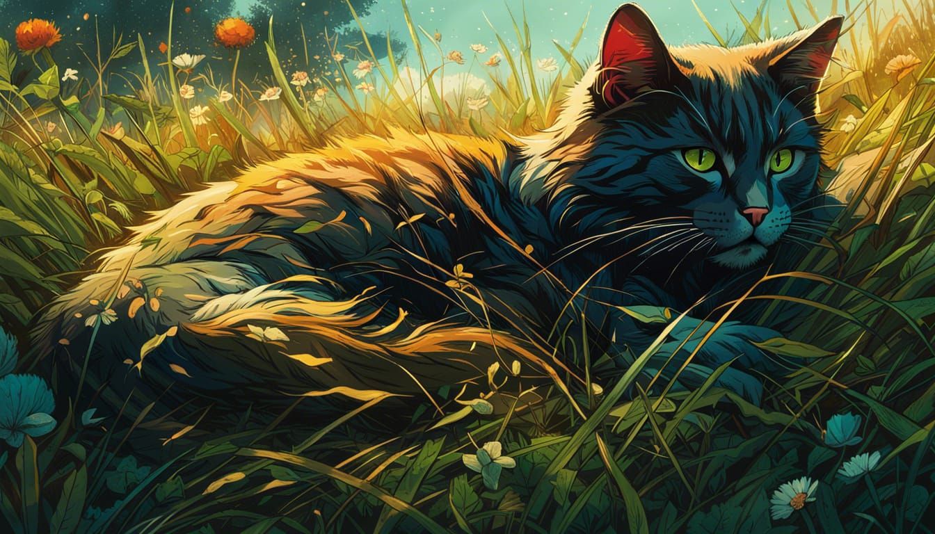 Cat in Grassy Field: Detailed Digital Art